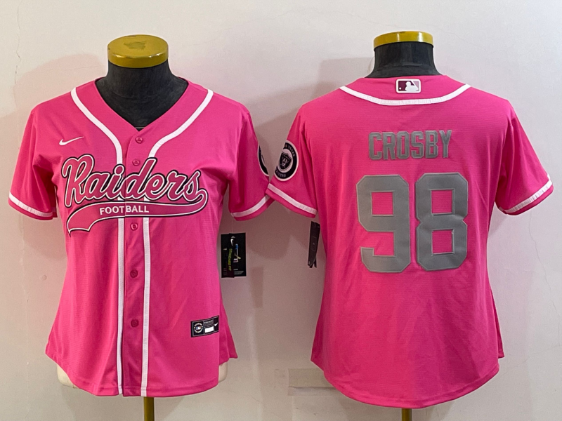 Women's Las Vegas Raiders #98 Maxx Crosby Pink Silver With Patch Cool Base Stitched Baseball Jersey(Run Small)